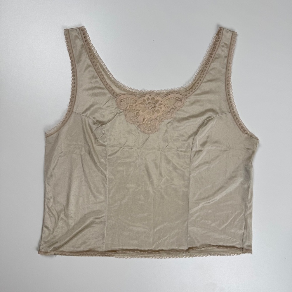 Vintage 90’s Satin Cream Cami Floral Lace Trim Tank Top Size Medium USA Made Y2K